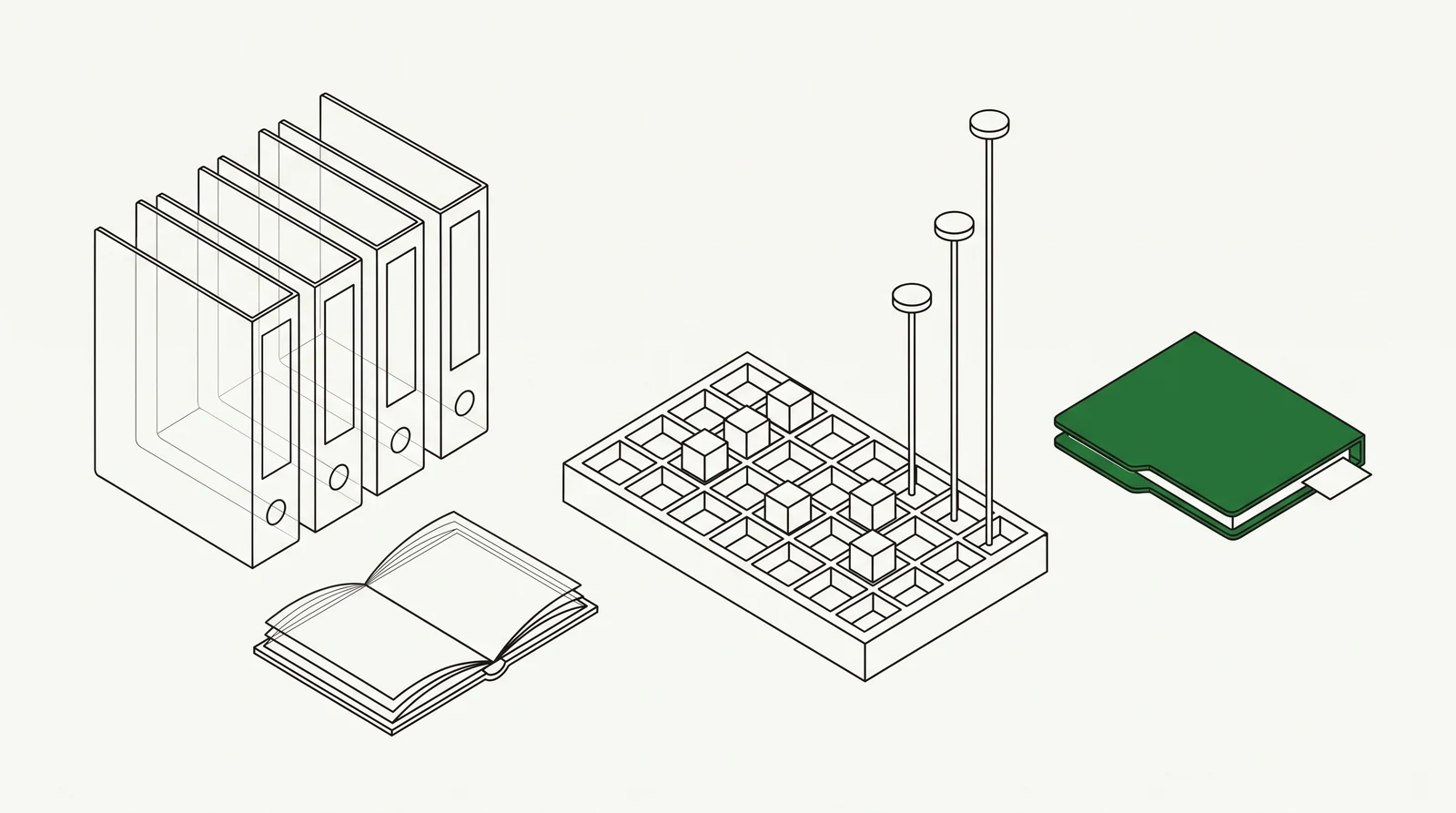 Ряд папок и раскрытая книга слева, в центре лоток с ячейками и кубиками, из него поднимаются три стержня разной высоты, справа закрытая папка с закладкой